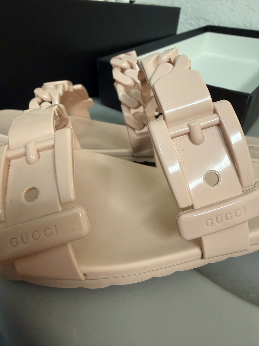 Gucci Blush Pink Chain-Detail Slide Sandals - Picture 2 of 6